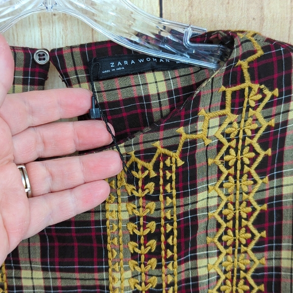 ZARA NWOT Brown Plaid Mini Dress With Pom Poms - Picture 5 of 10